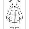 A cartoon polar bear wearing a winter coat with a scarf and boots, standing upright with a friendly expression. The bear has large round ears and is depicted in a coloring book style, outlined in black and white, suitable for coloring.