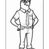 A cartoon-style drawing of a bird character dressed in a collared shirt, a tie, and pants, standing with its hands on its hips. The character has a confident expression and large eyes, resembling a humanoid bird in a formal outfit.