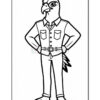 A cartoon bird character resembling a hawk, wearing a button-up shirt with two pockets and a belt, standing with hands on hips in a confident pose. The character features distinct feathers and a cartoonish face, set against a simple white background.