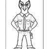 A cartoon-style anthropomorphic bird character dressed in a collared shirt, tie, and pants, standing confidently with hands on hips. The character has a bird-like head, expressive eyes, and is wearing a belt with a small item attached.