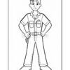 A cartoon character depicted in a line art style, wearing a buttoned work shirt with pockets and a belt, standing confidently with hands on hips and a smile, against a plain background.