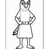 A cartoon bird character stands confidently with hands on hips, wearing a simple dress and displaying an expressive face with large eyes.