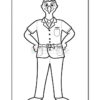 A cartoon character resembling a humanoid with a bird-like head, wearing a formal outfit consisting of a button-up shirt, tie, and trousers, standing with hands on hips and a confident expression.