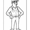 A cartoon bird character dressed in a work uniform, wearing a cap, with hands on hips, looking confident. The character has a button-up shirt with two pockets, trousers held up by suspenders, and casual shoes.