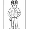A cartoon bird character wearing glasses, a collared shirt, and a tie, standing confidently with hands on hips. The character has distinct bird features and is drawn in a simple black and white style suitable for coloring.