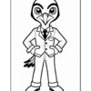 A cartoon bird character wearing a suit and tie, standing confidently with arms crossed, showcasing a large head and exaggerated facial features, against a plain white background.