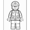 A black and white outline drawing of a LEGO police officer figurine smiling, wearing a cap and a uniform with pockets, standing upright with arms at its sides.