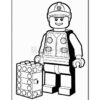 A black and white cartoon-style illustration of a LEGO figure wearing a construction helmet and a vest, holding a stack of LEGO bricks in one hand, with a cheerful expression.