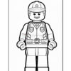 A line drawing of a LEGO construction worker figure, wearing a helmet, a vest with pockets, and pants, standing with arms slightly raised and a cheerful expression.