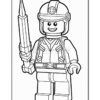 A black and white outline drawing of a Lego-style figure wearing a helmet and holding a spear, with a cheerful expression and detailed features on the uniform and accessories.
