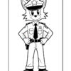 A cartoon fox character wearing a police uniform, standing confidently with its hands on its hips. The uniform features a star badge, a black tie, and a cap with a star emblem. The character has large eyes and a friendly smile, with pointed ears and a bushy tail.
