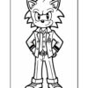 A cartoon fox character with spiky hair, wearing a suit and a tie, confidently stands with arms crossed, showcasing a mischievous grin. The character has large eyes and is depicted in a bold, black outline suitable for coloring.