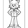 A cartoon wolf character standing confidently with arms crossed, wearing a jacket, tie, and pants, with spiky hair and a mischievous expression. The drawing is outlined for coloring, set against a plain background.