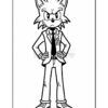 A cartoon wolf character with spiky fur, wearing a suit and tie, standing with arms crossed and a serious expression. The drawing is outlined in black and designed for coloring.