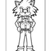 A cartoon character with spiky fur stands confidently with hands on hips. The character wears a button-up shirt, rolled-up sleeves, and jeans, with sturdy boots. The image is in black and white, designed for coloring.