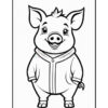 A cartoon pig character with a cheerful expression, wearing a zipped jacket, standing upright with its hands on its hips. It has large ears, a round snout, and small curls on its head.