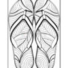 A black and white illustration of a pair of flip-flops, featuring intricate swirling line patterns on the soles and straps, set against a rectangular border.