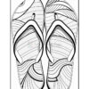 A black and white illustration of a pair of flip-flops with intricate wave patterns, set on a rectangular background.