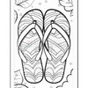A black and white coloring page featuring a pair of flip-flops with decorative patterns, surrounded by leaves and bubbles.