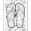 A black and white coloring page depicting a pair of flip-flops, featuring spiral and wavy patterns within the shoe designs, surrounded by abstract waves and swirls in the background.
