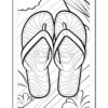 A black and white illustration of a pair of flip-flops with a waved pattern on the soles, set against a background of flowing lines and stylized foliage.