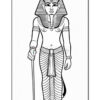 A line drawing of an ancient Egyptian figure, resembling a Pharaoh, standing upright. The figure is adorned with a headdress, collar, and detailed clothing featuring vertical stripes. The Pharaoh is holding a staff in one hand and has decorative jewelry on both arms.