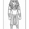 A black and white line drawing of a pharaoh, featuring a headdress, necklace, and traditional Egyptian clothing with intricate details, posed with arms slightly bent and hands on hips.
