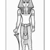 A cartoon-style depiction of an ancient Egyptian figure wearing a pharaoh's headdress and traditional clothing, holding a curved dagger in one hand.