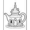 A whimsical teapot designed to resemble a small house, featuring a pointed roof adorned with flowers and a door on the front, surrounded by decorative flowers on a saucer-like base.