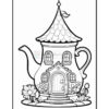 A whimsical illustration of a teapot designed as a house, featuring a pointed roof with shingles, a door, and windows, surrounded by flowers in a circular arrangement.