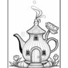 A whimsical teapot-shaped house, featuring a rounded body with vertical stripes, a domed lid, and a door at the front. Beside it is a large flower and several smaller flowers in the grass at the base.