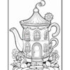A whimsical teapot designed as a house with windows, a door, and a chimney, surrounded by various flowers and plants. The image is outlined for coloring.
