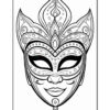 A detailed line drawing of a masquerade mask featuring intricate patterns and shapes, with a symmetrical design that includes spirals and dots, set against a white background.