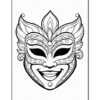 A black and white illustration of a stylized mask with intricate floral designs and embellishments, featuring a cheerful face with a wide smile and large, dark eye openings, suitable for coloring.