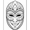 A decorative black and white illustration of a stylized mask featuring a symmetrical design with ornate patterns, a broad smile, and large almond-shaped eyes.