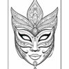 A detailed black and white illustration of a decorative mask featuring intricate patterns, symmetrical shapes, and ornate designs. The mask has pointed features and stylized eyes, with embellishments and a jewel hanging from the chin area.