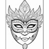 Intricate line drawing of a decorative mask featuring elaborate floral and leaf patterns, with stylized eyes and a serene facial expression, set against a blank background.