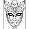 A detailed black and white illustration of an ornate mask featuring intricate line work, decorative elements including leaves and flowers, and stylized facial features, suitable for coloring.