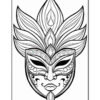 A black and white coloring page featuring an ornate mask with intricate patterns and a floral crown, highlighting details such as curves, swirls, and teardrop shapes around the eyes and forehead.