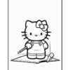 A cartoon character resembling a cat stands on an open book, holding a pencil in one hand and a paintbrush in the other, wearing overalls and a bow on its head, outlined for coloring.