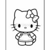 A simple line drawing of a cartoon cat character with a bow on its head, wearing a dress with straps and a frilly skirt.