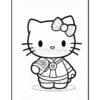 A black and white outline drawing of a cartoon cat character, resembling a cat with a bow on its head, wearing a traditional outfit and holding a small bag adorned with a flower, set against a plain background.