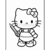 A cartoon cat character with a pink bow, wearing overalls and holding a pencil in its right hand, posed against a white background.