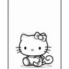 A cartoon character resembling a small cat with a bow on its head, sitting down with an adorable expression, featured in a black-and-white outline style suitable for coloring.