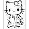A black and white outline drawing of a cartoon character resembling a cat, wearing a dress with a patterned skirt and a bow on its head, holding a small cat companion on its side.
