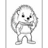 A cartoon hedgehog character smiling while holding a tennis racket, wearing a t-shirt and pants with sneakers, set against a simple white background.