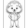 A cartoon hedgehog character with a friendly smile, wearing a button-up shirt and pants, stands with hands on hips. The hedgehog has large eyes and spiky fur, depicted in a black and white coloring style.