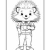 A cartoon hedgehog character with a happy expression, wearing a button-up shirt and overalls, standing upright with its arms at its sides, surrounded by spiky hair. The image is in black and white, suitable for coloring.