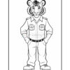 A cartoon tiger dressed in a police uniform, complete with a button-up shirt, pants, and shoes. The tiger is standing confidently with its hands on its hips, featuring distinct facial markings and a friendly expression.