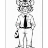 A cartoon tiger wearing glasses, a button-up shirt, and a tie, standing with hands in pockets. The tiger has a friendly expression and is dressed in formal attire with slacks and shoes, showcasing a professional look. The illustration is in black and white, outlined for coloring.